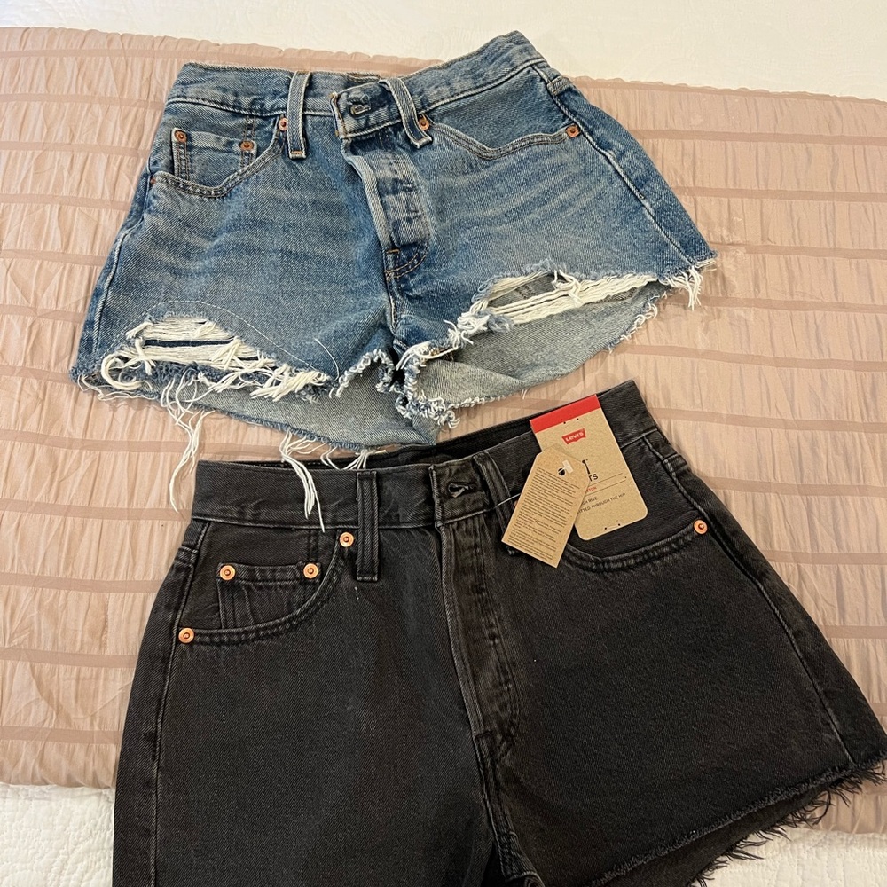 Set of 2 Levi's Blue and Black Jean Shorts with Distressed Detailing